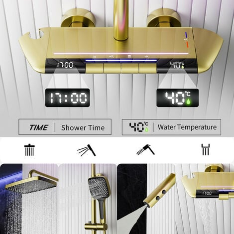 Colonne de Douche Thermostatique Mitigeur en Laiton Systeme de Douche Affichage Numérique LED Ensemble de Douche Pommeau De Douche, Douchette, Bidet Douche, Robinet De Baignoire Mural, Or brossé