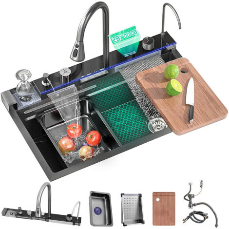Évier de cuisine à comptoir en acier inoxydable 304 Gris Évier de cuisine profond à une cuve avec cascade Robinet à tirer et planche à découper& commande de table et autres fonctions (75x45x22cm)
