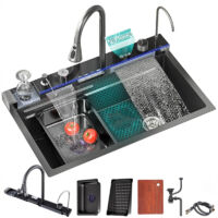 Évier de cuisine à comptoir en acier inoxydable 304 Gris Évier de cuisine profond à une cuve avec cascade Robinet à tirer et planche à découper& Accessoires d'évier complets (75x45x22CM)