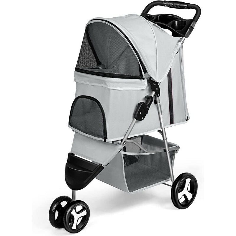 Carro de Perro Plegable de 3 Ruedas con Cesta de Almacenamiento y Portavasos para Perros Pequeños y Medianos -Gris