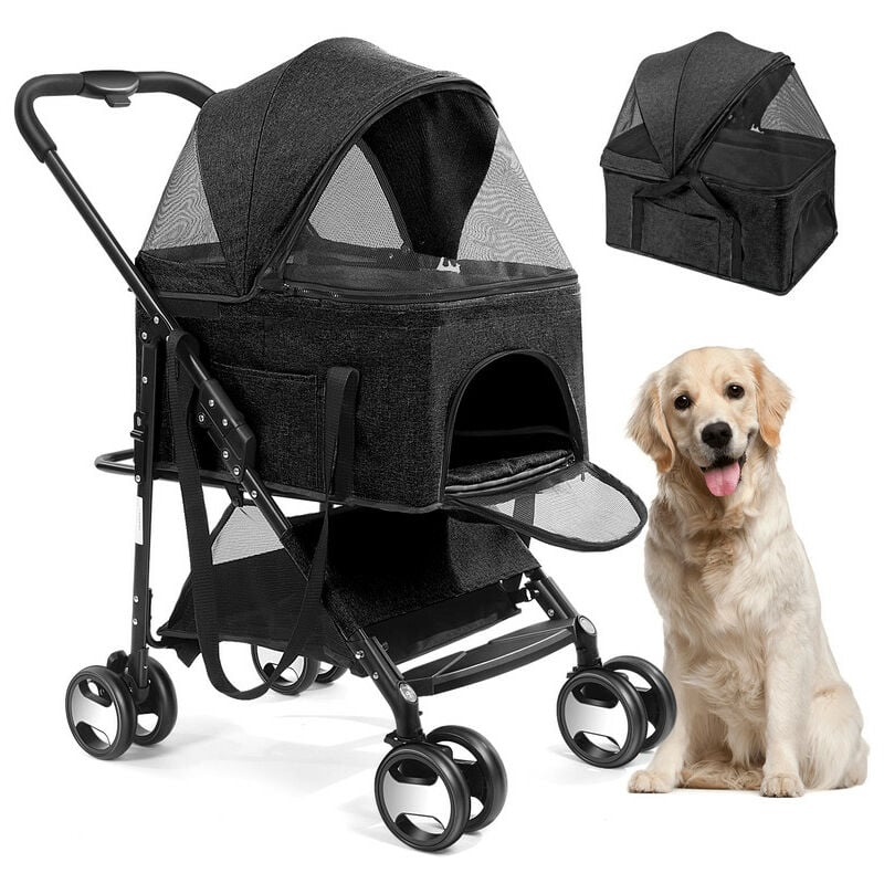 3-in-1 Carro de Perros Pequeños y Medianos, Desmontable, Impermeable, Ventana de Malla, 6 Bolsas y Cestas de Acabado, Fácil de Plegar/Desplegar, Adecuado para Caminar, Viajar - Negro