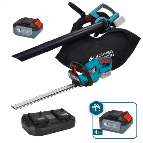 Kit de Jardín Könner & Söhnen KS LBV-HT-SET: Cortasetos 22" y Soplador-Aspirador 3-en-1 40V, incluye Cargador Doble y 2 Baterías 4Ah 20V de REGALO