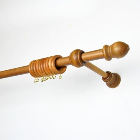 Bastone Tenda in Legno Diametro 23 mm per Tende A Strappo Senza Corda, con Anelli, Terminali e Staffe, Color Olmo- 180 CM