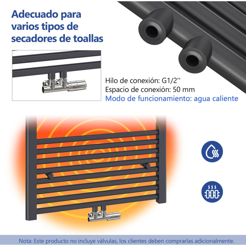Radiador Toallero Plano De Baño 117x60 Cm Antracita – Conexión Lateral, 726W, Ideal Para Secar Toallas Y Calentar El Baño