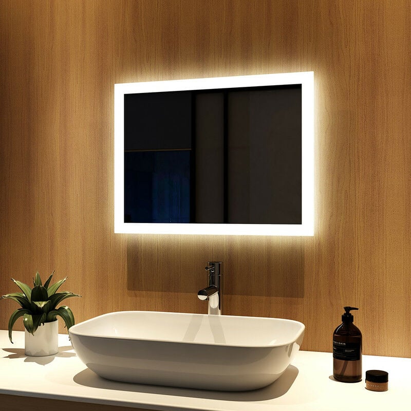 Meykoers Espejo de baño con luz LED, espejo de baño con luz blanca fría y luz cálida iluminación, 60x45cm con antivaho y interruptor de botón