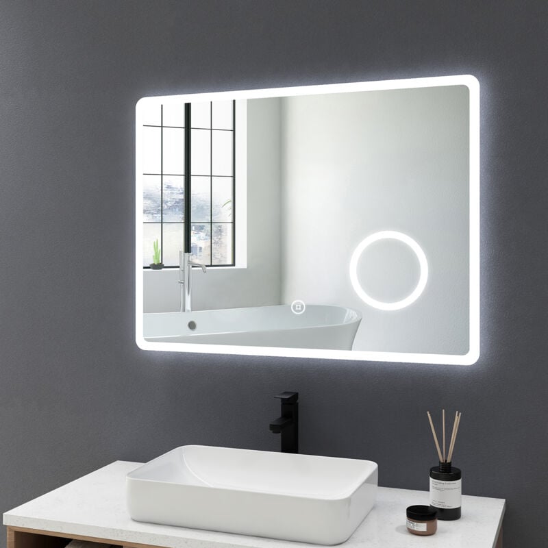 Meykoers Espejo de baño con luz, espejo de baño con 3X lupa, 80x60cm LED Espejo de baño con función antivaho y Interruptor táctil