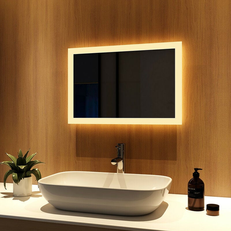 Meykoers Espejo de baño con luz LED, espejo de baño con con iluminación luz cálida 3000K, 60x40cm Espejo Montado en Pared