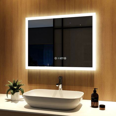 EMKE LED Modelo 2021 Espejo de baño 80x60cm Espejo de baño con iluminación  frío Blanco Espejo Iluminado Espejo de Pared con Interruptor táctil IP44
