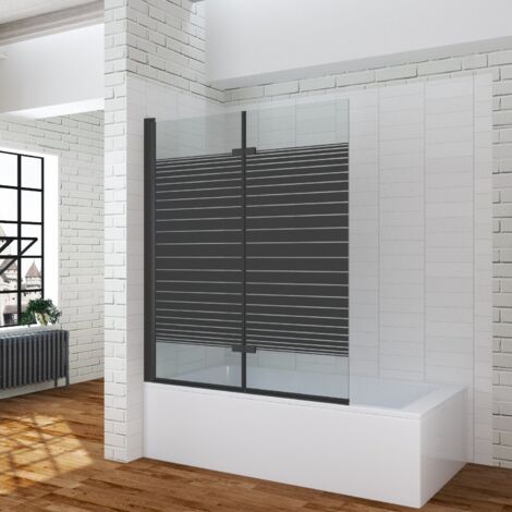 Badewannenfaltwand 120x140 cm 2 Teilig Duschtrennwand für Badewanne, 5 mm Einscheiben-Sicherheitsglas (ESG) mit Nano einfach-Reinigung Beschichtung, schwarz Dekor Barcode, Faltbar und schwenkbar 180°