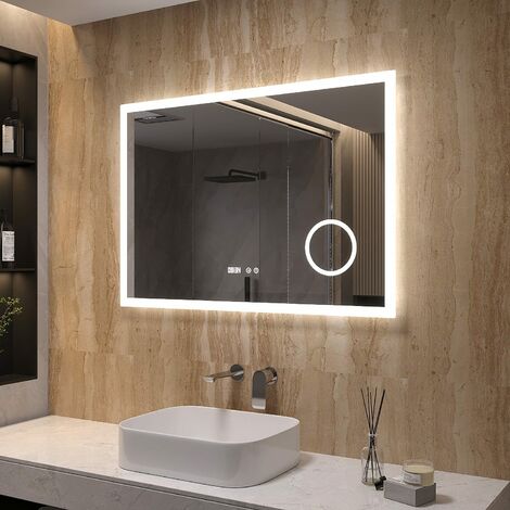 100x70 cm LED Badspiegel mit Beleuchtung und Beschlagfrei Wandspiegel, Energiesparend, mit 3-Fach Vergrößerung Kosmetikspiegel und Digitaluhr (1/5)