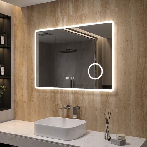Badezimmerspiegel mit Beleuchtung 100 x 70 x 4,5 cm LED Schminkspiegel, Beschlagfrei, mit 3-Fach Vergrößerung Makeup-spiegel, LED Digitaluhr