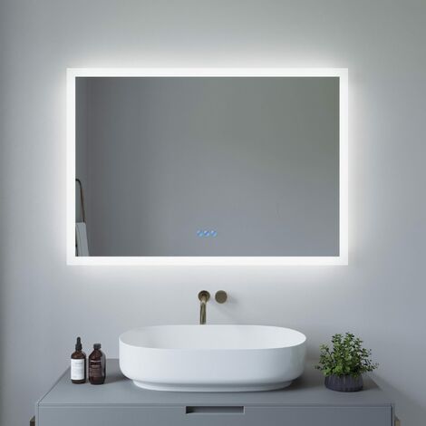 LED Badspiegel mit Beleuchtung 100x70 cm Badezimmerspiegel mit Beschlagfrei, 2 Lichtfarbe Warmweiß/Kaltweiß, Touch Sensor Wandspiegel (1/5)