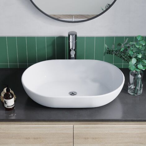 Waschbecken Keramik Weiß Aufsatzwaschbecken für das Badezimmer und Gäste-WC Handwaschbecken 24 - Oval - 60 x 42 x 14 cm