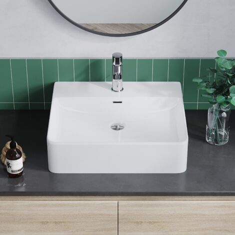 Waschbecken Keramik Weiß Aufsatzwaschbecken für das Badezimmer und Gäste-WC Handwaschbecken 28 - Eckig - 50 x 42 x 13,5 cm