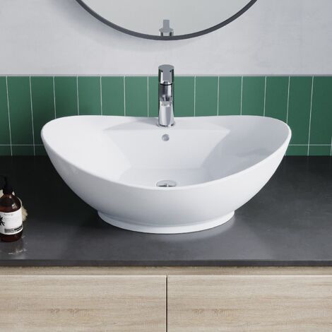 Waschbecken Keramik Weiß Aufsatzwaschbecken für das Badezimmer und Gäste-WC Handwaschbecken 21 - Oval - 59 x 38,5 x 21,5 cm