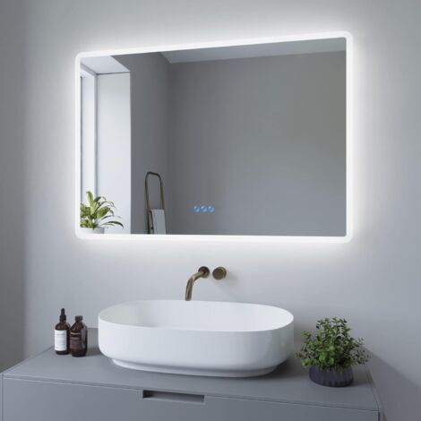 100x70cm Touch Wandspiegel LED Wandspiegel Energiesparend Spiegel mit beleuchteten Lichtern Touch-Schalter Dimmbar + Kaltweiß 6400K + Warmweiß 3000K + Spiegelheizung + IP44