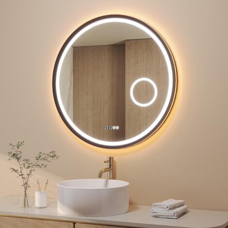 Runder LED Badspiegel 80x80 cm Uhr 3-fach Vergrößerung Kosmetikspiegel Doppellicht dimmbar 3000K&6400K Antibeschlag Schrägdesign IP44-zertifiziert Schwarz