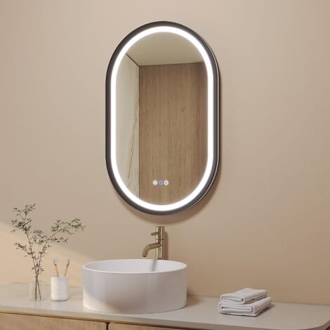 Badspiegel mit Beleuchtung Oval schwarz Aluminiumrahmen LED dimmbar Doppelbeleuchtung 6400K & 3000K Antibeschlag quer senkrecht Schrägdesign IP44 klare Spiegelung Langlebig 50 Breite 80 Höhe