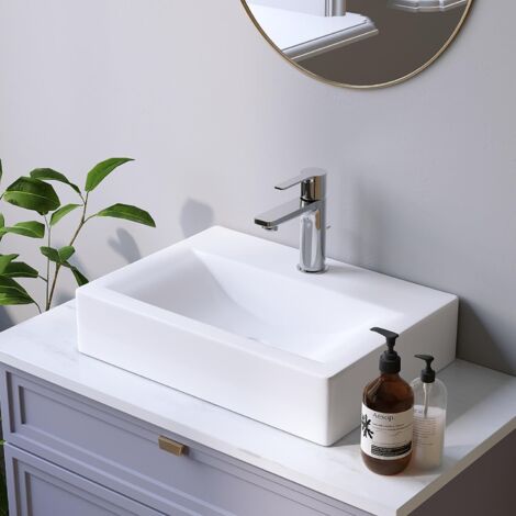Waschbecken Keramik Weiß Aufsatzwaschbecken  für Waschtisch Unterschrank Waschplatz Handwaschbecken Weiß mit Hahnloch ohne Überlauf für das Badezimmer und Gäste-WC- 45,5 x 33 x 10 cm