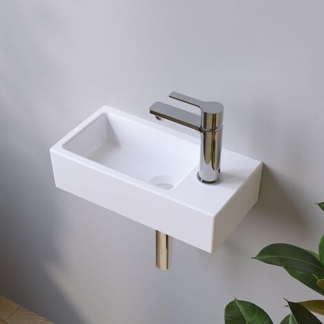 Waschbecken aus Keramik Waschtisch Hängewaschbecken Handwaschbecken Weiß  für Badezimmer Gäste WC Hahnloch Rechts Ohne Überlauf - 40,5 x 20 x 10,5 cm