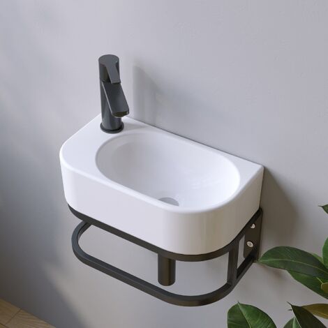 Waschbecken Waschtisch Hängewaschbecken aus  Keramik Handwaschbecken Weiß Oval Badezimmer Gäste WC Hahnloch Links mit Stockschrauben ohne Überlauf   - 40 x 21,5 x 10,5 cm