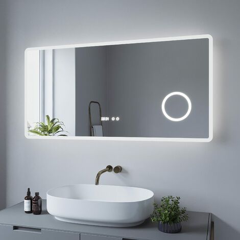 LED Badspiegel mit Beleuchtung Touch Sensor Wandspiegel Lichtspiegel Badezimmerspiegel 120x60cm Kosmetikspiegel mit Digital Uhr Dimmbar Spiegelheizung Kaltweiß 6400K AQUALAVOS BORAS Typ-D abgerundete (1/5)