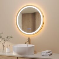 Runder Φ60 cm LED Spiegel mit Alu-Rahmen Doppelbeleuchtung Touch Steuerung Antibeschlag Speicherfunktion Schutzklasse IP44 und modernes Schrägdesign Gold