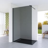 Walk-In Duschwand Duschabtrennung graues Glas 8 mm Rahmenlose Walkin Dusche aus Sicherheitsglas, Höhe 200 cm, modernes Design mit schwarzer Stabilisationsstange