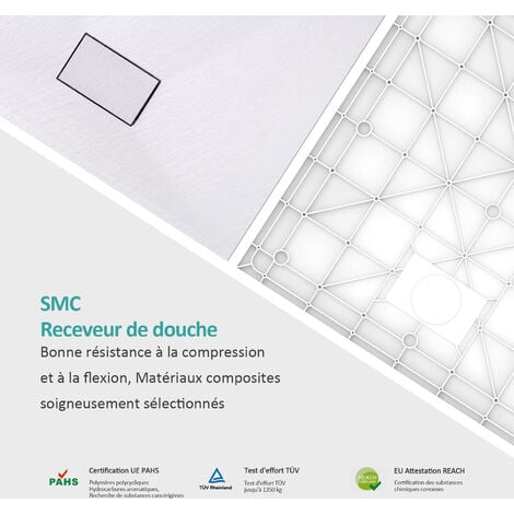 EMKE Receveur de douche, receveur de douche plat antidérapant SMC receveur de douche coupé sur mesure  120x90cm Blanc