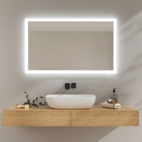 EMKE Miroir lumineux salle de bain 100x60cm, Miroir LED avec Interrupteur à bouton, Anti-buée, Miroir avec éclairage lumière Blanche Froide/Chaude