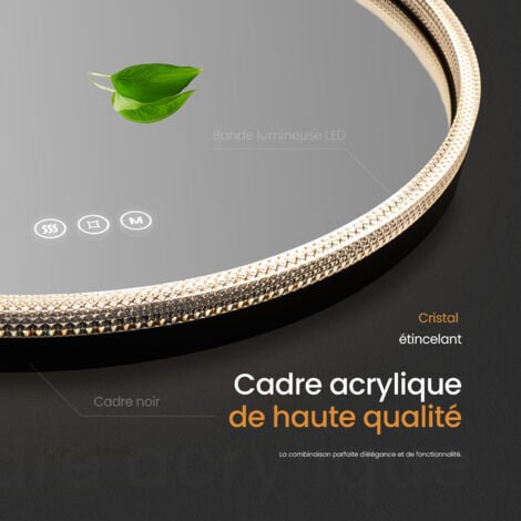 EMKE Miroir Lumineux Salle de Bain LED avec Tactile et Anti-Buée - Miroir de Salle de Bain rond 60cm Cadre Noir, 3 Tons de Lumière Chaude/Froide/Neutre, Cadre en Cristal d'Acrylique