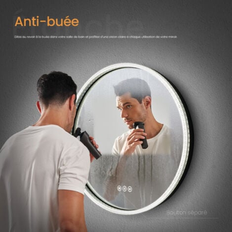EMKE Miroir Lumineux Salle de Bain LED avec Tactile et Anti-Buée - Miroir de Salle de Bain rond 60cm Cadre Noir, 3 Tons de Lumière Chaude/Froide/Neutre, Cadre en Cristal d'Acrylique