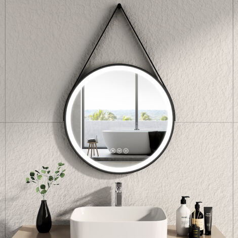EMKE Miroir lumineux salle de bain rond diamètre 60cm cadre noir avec lanière réglable, Miroir LED avec Interrupteur Tactile, Anti-buée, Miroir avec éclairage Lumière Froide/Chaude/Neutre