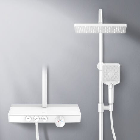EMKE Colonne de douche Thermostat, 36 cm étagères en verre, douchette, 3 types de jets, ensemble de douche, bec verseur, montage mural, Certification KTW, Blanc