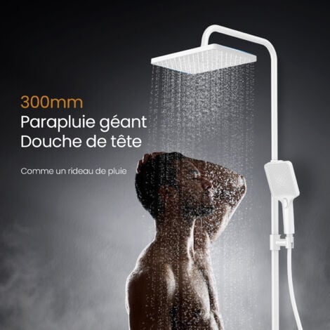EMKE Colonne de douche Thermostat, 36 cm étagères en verre, douchette, 3 types de jets, ensemble de douche, bec verseur, montage mural, Certification KTW, Blanc