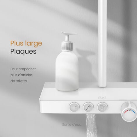 EMKE Colonne de douche Thermostat, 36 cm étagères en verre, douchette, 3 types de jets, ensemble de douche, bec verseur, montage mural, Certification KTW, Blanc