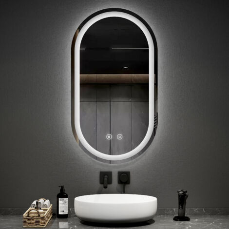EMKE Miroir de salle de bain lumineux Miroir LED ovale 50x90cm avec 3 couleurs de lumière dimmable, anti-buée, fonction mémoire, horizontal/vertical