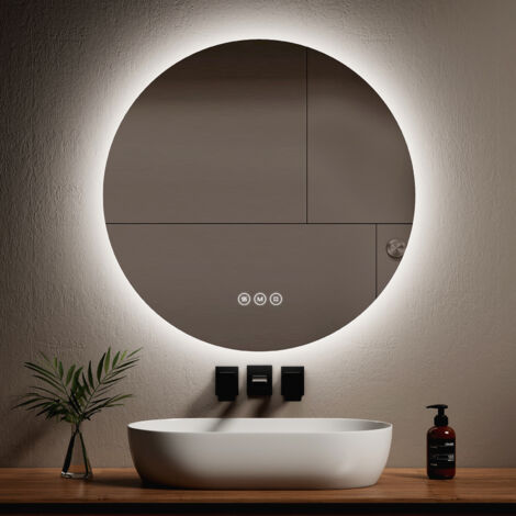 EMKE Miroir lumineux salle de bain rond diamètre 80cm, Miroir LED rétro-éclairage avec Interrupteur Tactile, Anti-buée, Miroir avec éclairage Lumière Blanche Froide/Neutre/Chaude