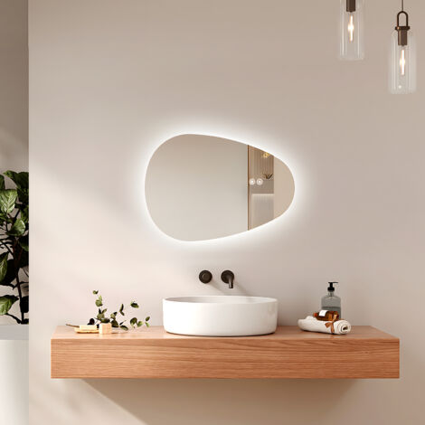 EMKE Miroir lumineux de salle de bain rétro-éclairage, miroir salle de bain asymétrique, anti-buée, interrupteur tactile, 3 couleurs de lumière dimmables, 60 x 45 cm