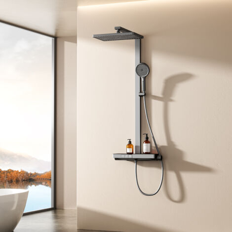 EMKE Colonne de douche thermostatique, Douche à effet pluie 36 x 24 cm avec robinetterie, Système de douche avec tablette en verre de 40 cm et douchette à main (4 types de jet), Anthracite mat