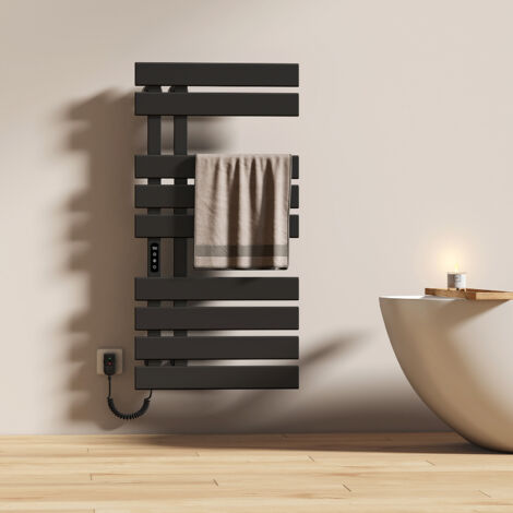 EMKE Sèche-serviette électrique avec élément chauffant thermostat température réglable minuterie LCD tactile, Porte-serviettes Tube plat Gauche, 1000 x 500 mm Noir (1/5)