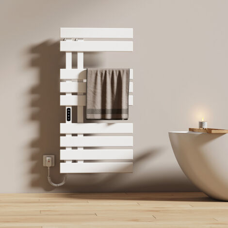 EMKE Sèche-serviette électrique avec élément chauffant thermostat température réglable minuterie LCD tactile, Porte-serviettes Tube plat Gauche, 1000 x 500 mm Blanc (1/5)
