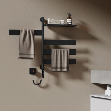EMKE Sèche-serviette électrique, 760x450x140mm, Porte-serviettes chauffant électrique rotatif 180° avec support de rangement, LCD tactile, Tube plat, Noir