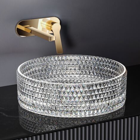 EMKE Lavabo en Verre Ronde, Vasque à poser 360 x 360 x 112mm, Lavabo Ronde Montage Comptoir, Verre Transparent