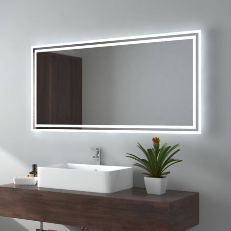 EMKE Miroir de salle de bain 120x60cm, Miroir LED avec Interrupteur à bouton, Anti-buée, Miroir avec éclairage lumière Blanche Froide/Chaude