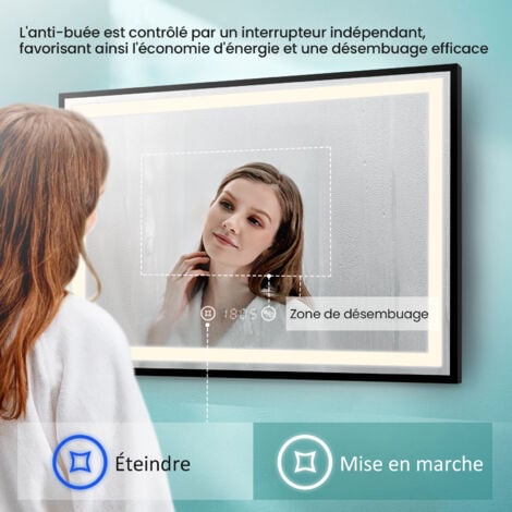 EMKE Miroir de salle de bain LED Cadre noir avec Interrupteur Tactile, Anti-buée, Horloge, Température, Dimmable, Fonction Mémoire, Lumière neutre - 100x70cm