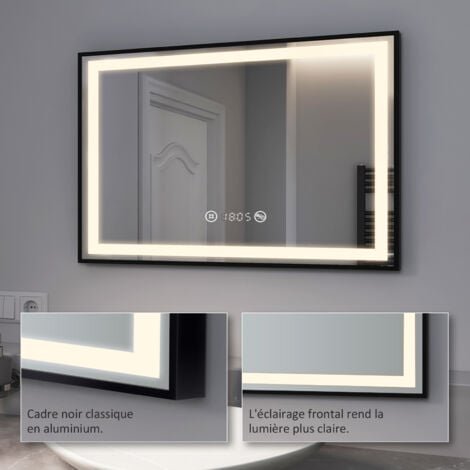 EMKE Miroir de salle de bain LED Cadre noir avec Interrupteur Tactile, Anti-buée, Horloge, Température, Dimmable, Fonction Mémoire, Lumière neutre - 100x70cm