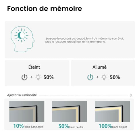 EMKE Miroir de salle de bain LED Cadre noir avec Interrupteur Tactile, Anti-buée, Horloge, Température, Dimmable, Fonction Mémoire, Lumière neutre - 100x70cm