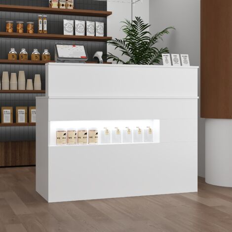 Empfangstheke,Begrüßungstheke mit LED-Lichtern,Rezeptionstheke mit Zwei Schubladen, mit Tür+Tastaturschublade, abschließbar,für Einkaufszentren,Tierkliniken,Firmenempfang, 120 x 50 x 99.5 cm