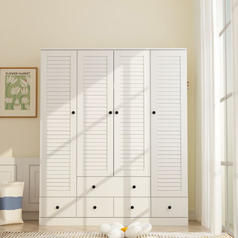 Kleidschrank Garderobenschrank mit 4 Türen,3 Schubladen, Hängestangen und Einlegeböden, Schlafzimmerschrank mit schwarzen Griffen für das Schlafzimmer, 150cm B x 50 cm T x180 cm H,weiß, MDF (1/5)